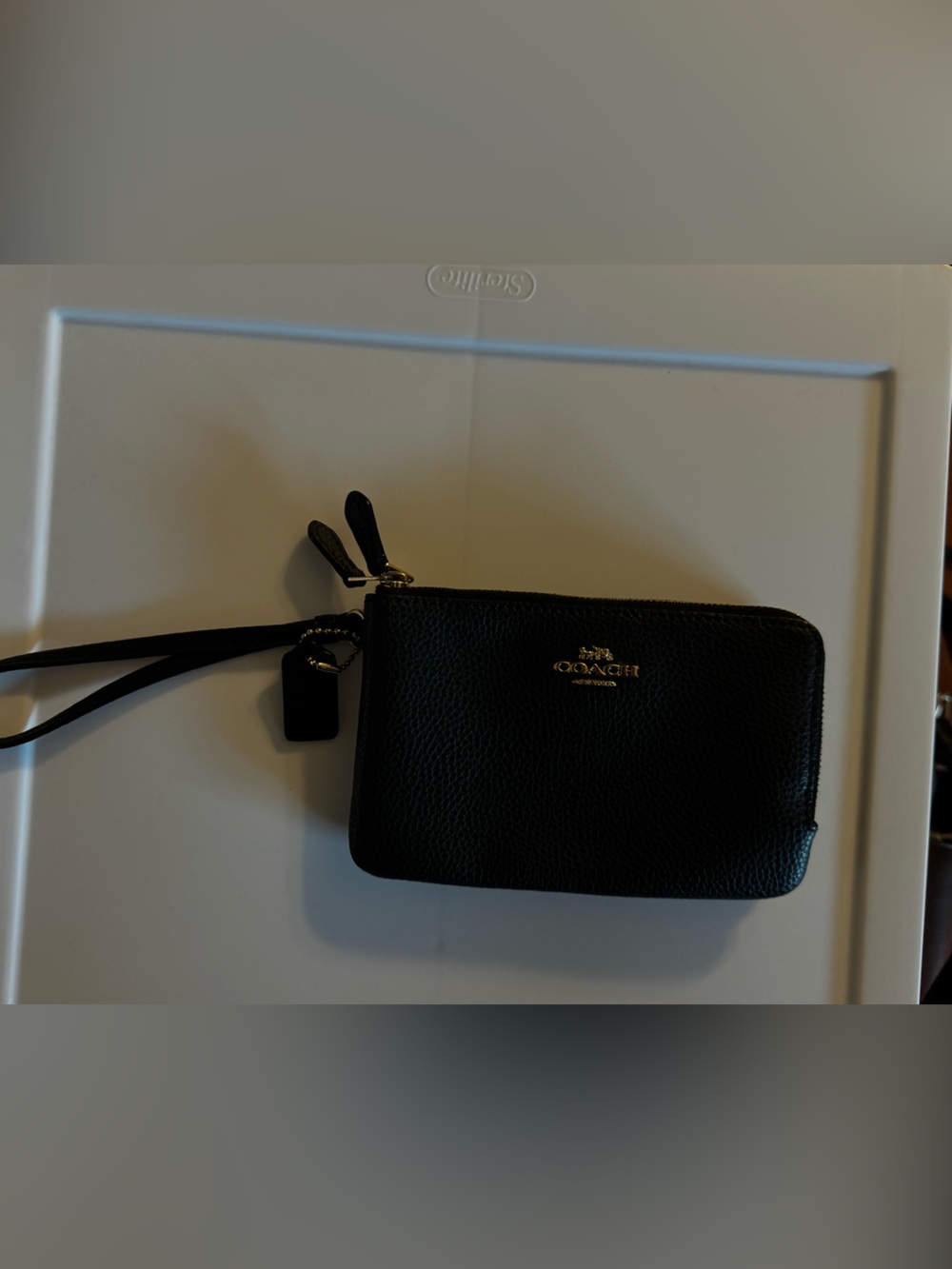 Coach Black Pebbled Leather Zip Wrist Wallet with Logo